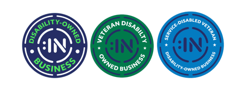 Disability:IN Disability-Owned Business, Veteran Disability-Owned Business, and Service-Disabled Veteran Disability-Owned Business seals