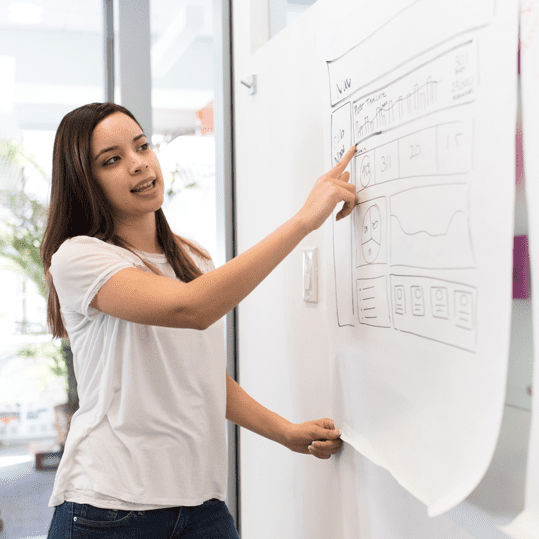 A woman pointing to something on a whiteboard