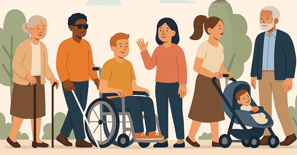 Universal design for workplace efficiency, Applied universal design productivity tools, Improving productivity through design innovation, User-centered design for operational efficiency, Human-centered product design for business growth, Illustration of a group of people in a park setting. From left to right: an elderly woman with a cane, a blind man with sunglasses and a white cane, a young man using a wheelchair, a woman standing and waving, a mother pushing a stroller with a baby, and an older man smiling.