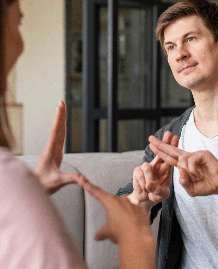 Two people communicate using sign language in a cozy room, focusing on hand gestures and expressions.
