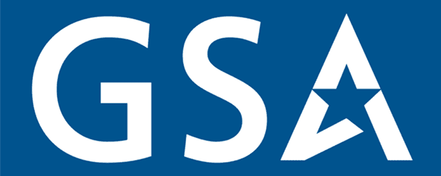 GSA logo on a blue background, featuring large white letters with a stylized star within the A.
