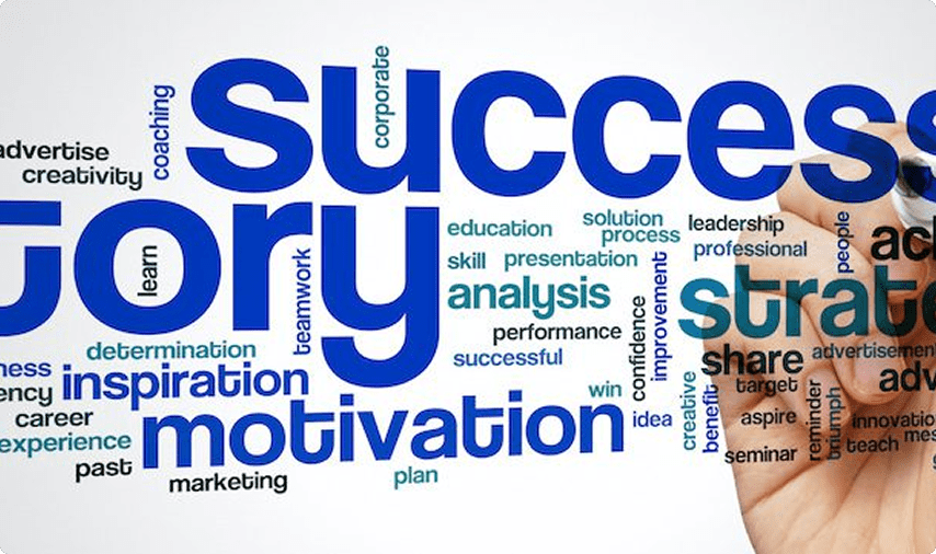 Word cloud featuring keywords related to success: strategy, motivation, analysis, and inspiration.