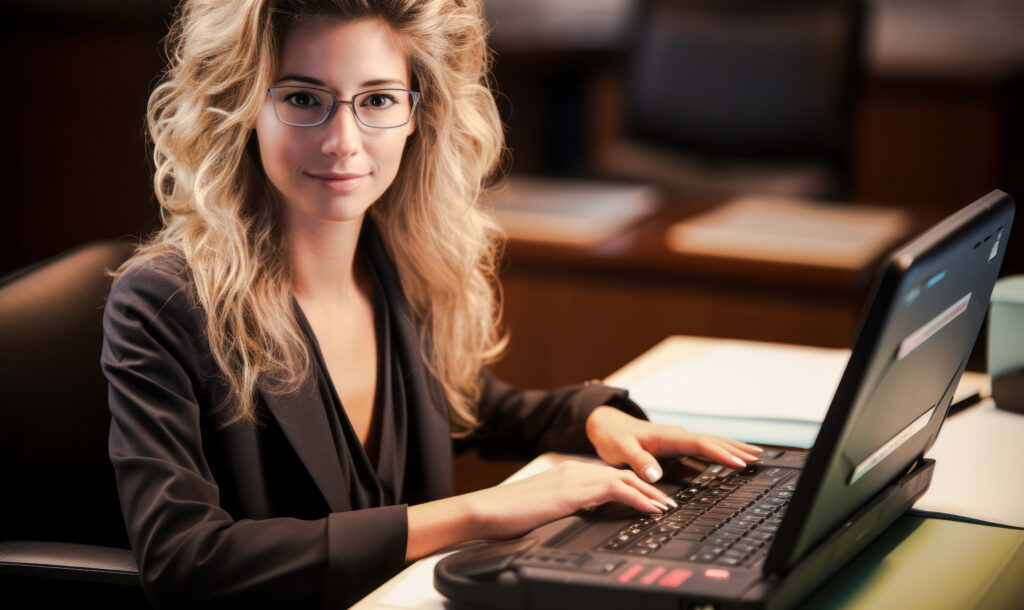 Professional woman with glasses working on a laptop, focused and confident in an office setting.