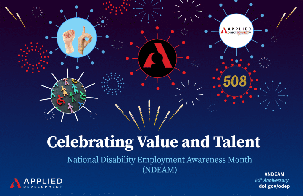 Celebrating National Disability Employment Awareness Month (NDEAM) with diverse icons and applied development branding.