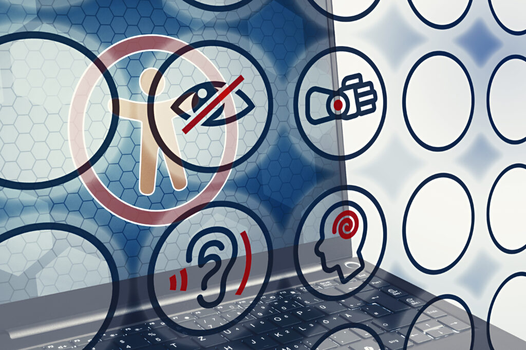 Digital accessibility icons overlaying a laptop screen, highlighting inclusive technology features.