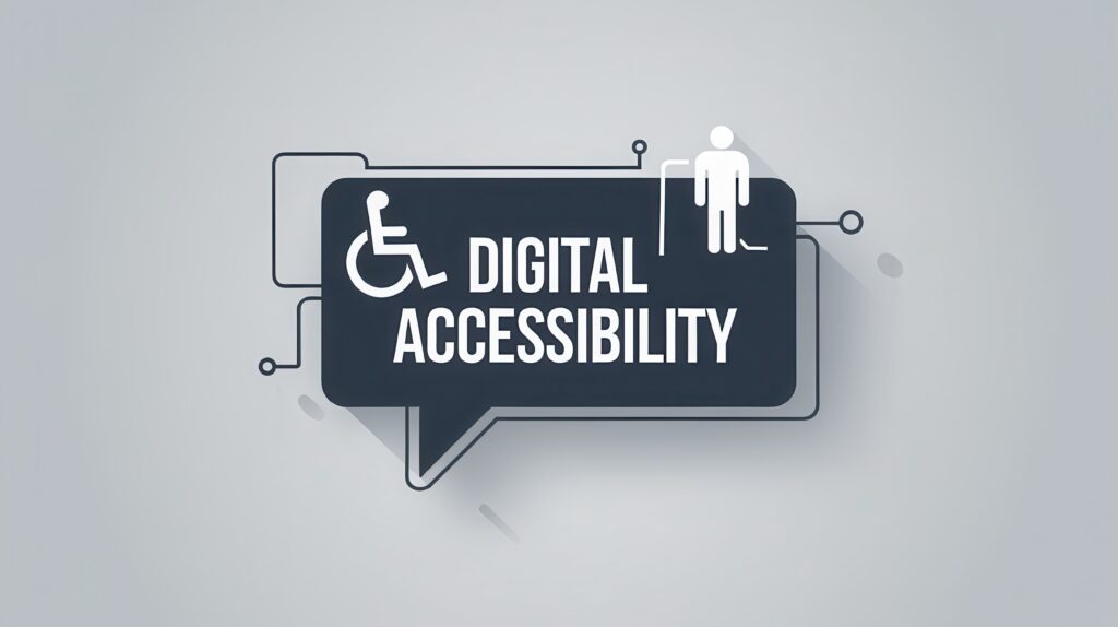 Concept of digital accessibility and inclusion featuring icons representing disability assistive technologies
